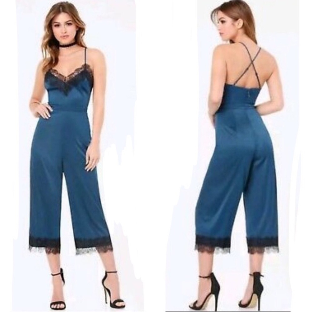 Bebe X Naven Lace Trim Blue Teal Satin Jumpsuit 10